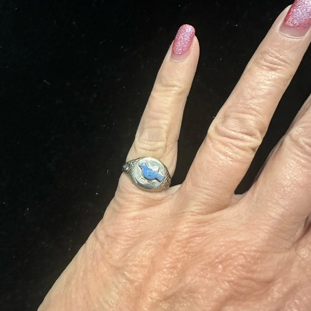 Sterling Silver Blue Enamel Bird Signet Ring Vintage 7g  reminiscent of CampFire - Picture 3 of 13
